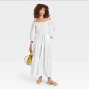Women's Puff 3/4 Sleeve Tiered Dress - Universal Thread™ White L